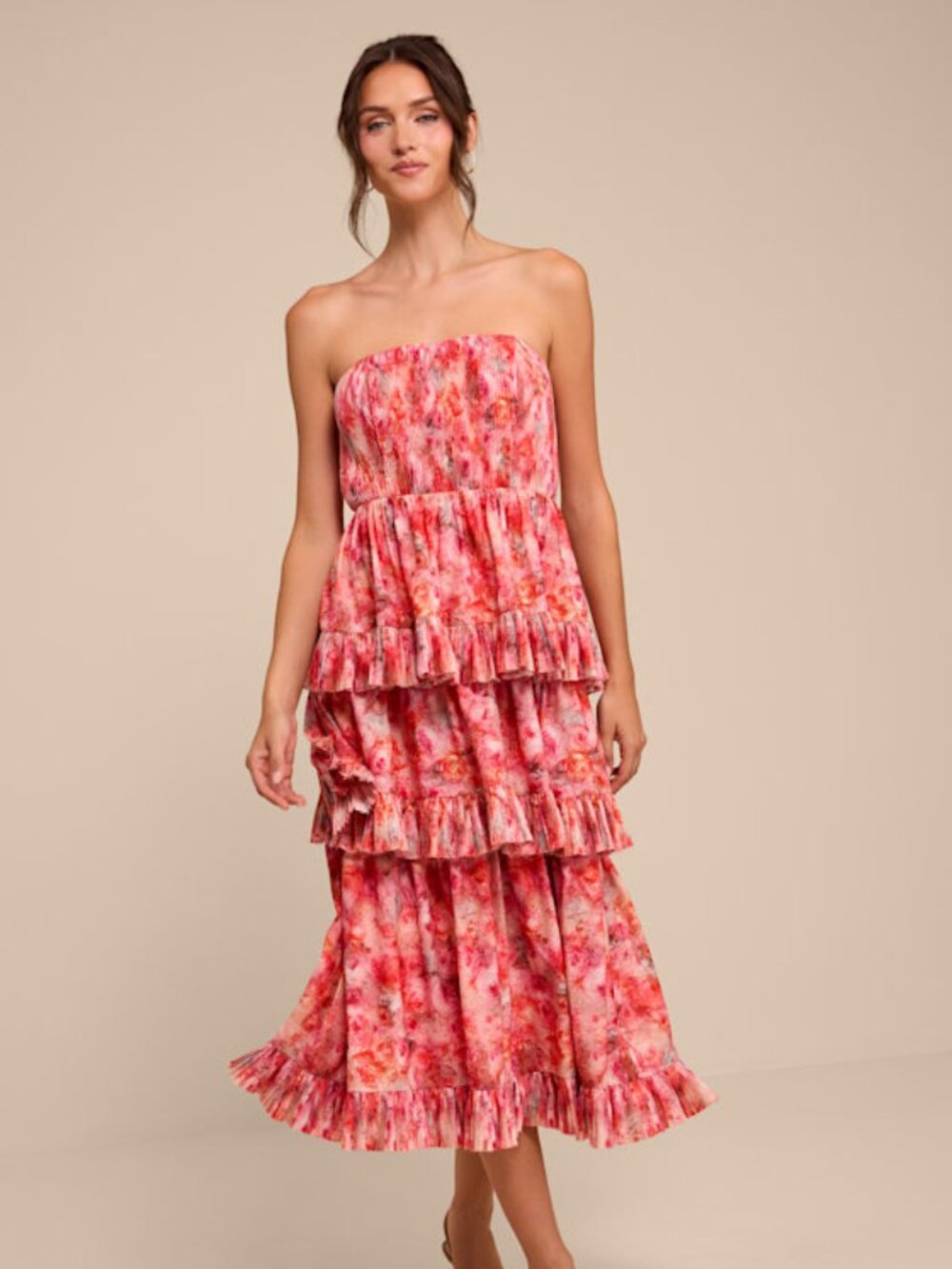Lulus Lou Pink Multi Floral Tiered Midi Dress - Size L